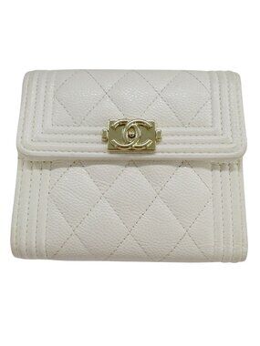 Chanel Wallet Trifold Caviar Leather Boy White Gold Compact